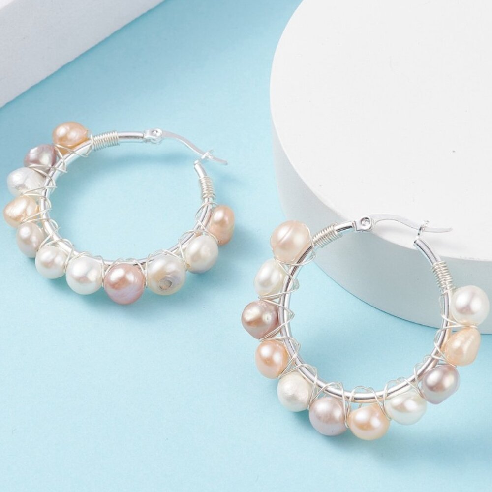 NWOT Natural Multi color Medium size Handmade wire wrap pearl hoop earring